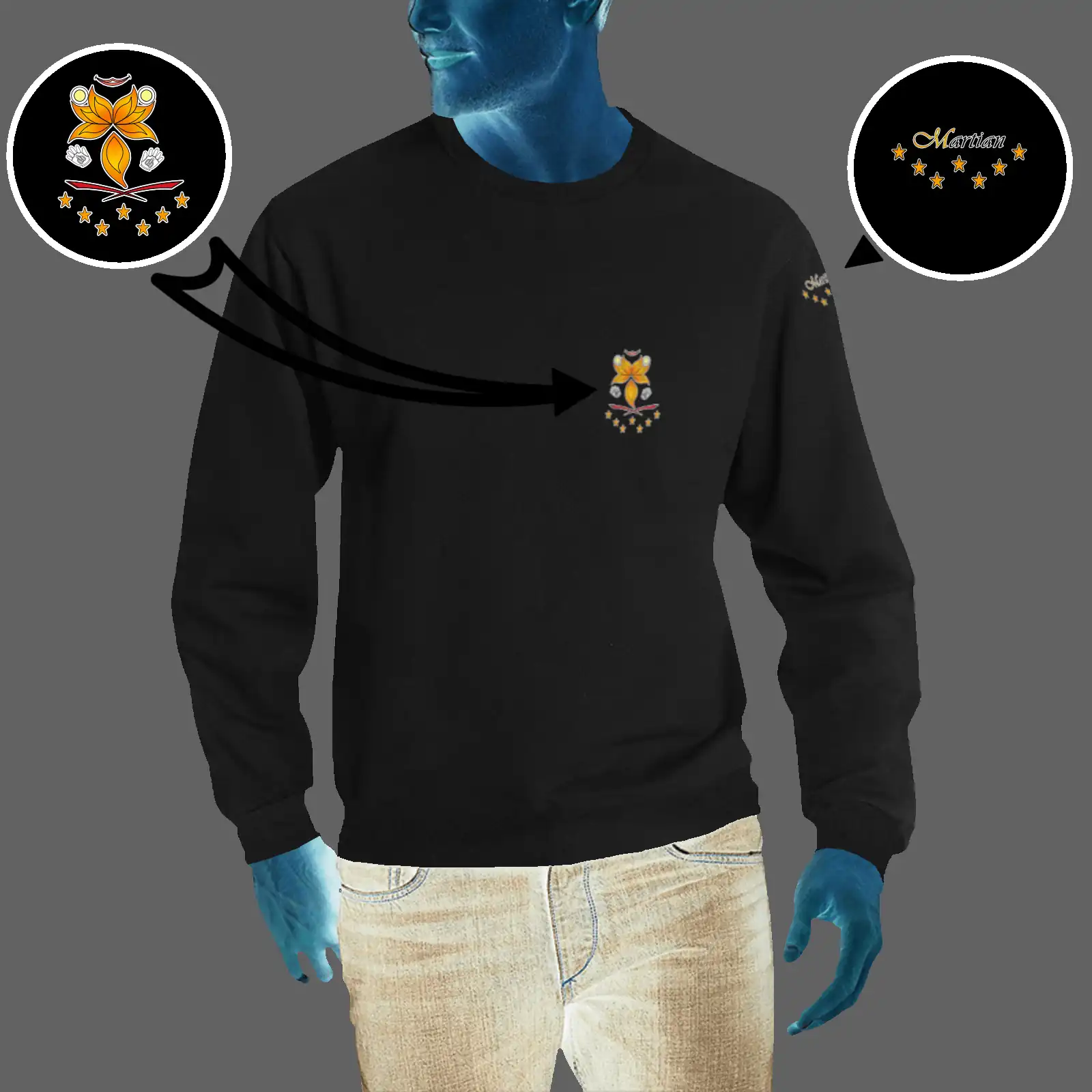 Men's crewneck sweatshirt black 000000000 like Embroidered Martian